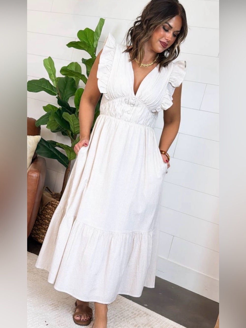 Pinstriped Tan & White Open Tie Back Dress